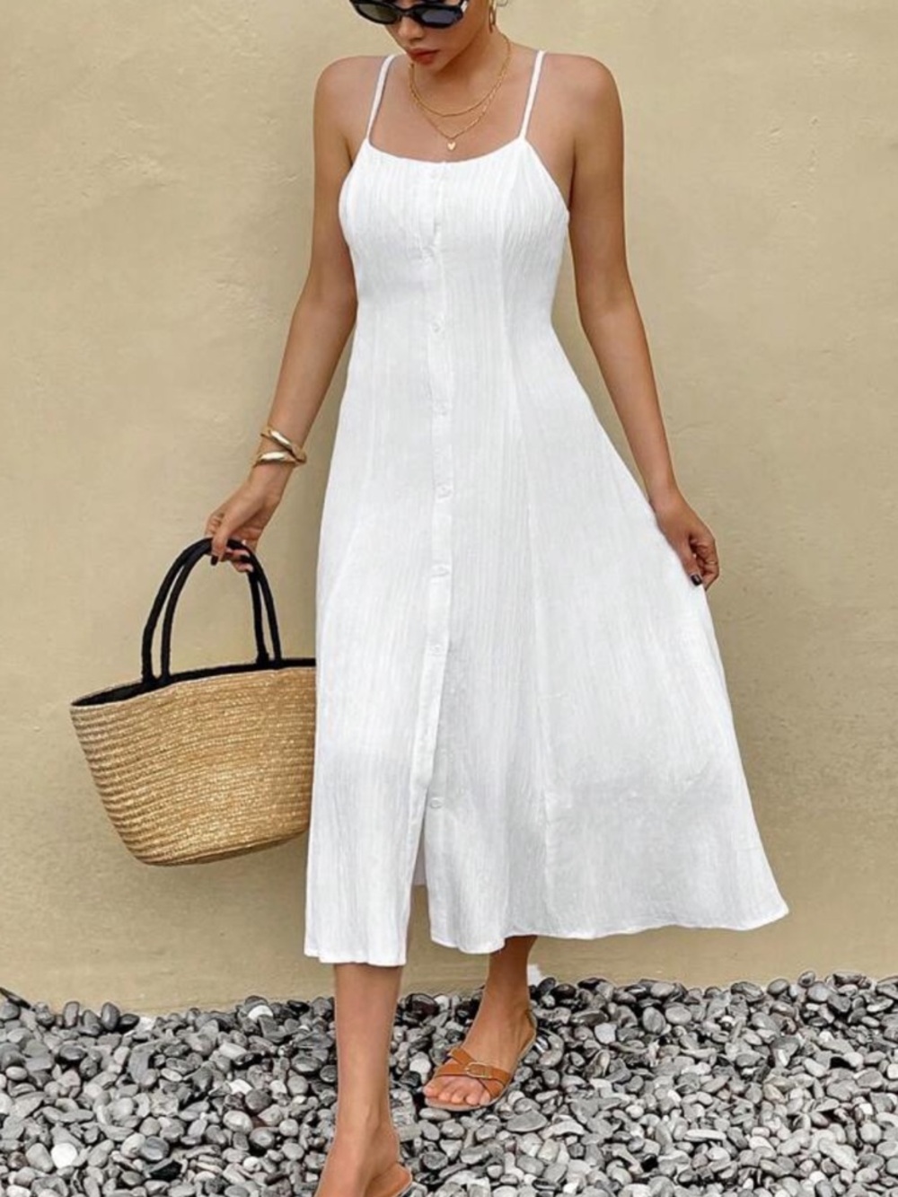 White Button Front Midi Dress Spaghetti Strap boho cottagecore